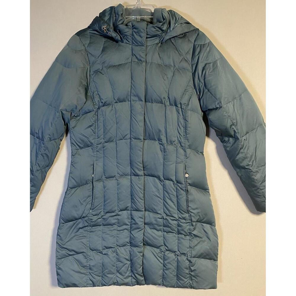 Eddie Bauer Goose Down Long Jacket Snap On Hood EB 550 Womens M/L Mint Green